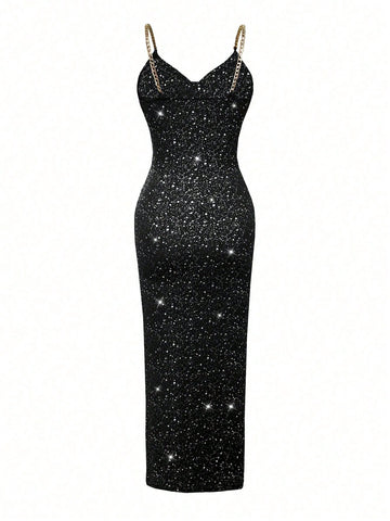 Glittery Cutout Chain Strap Midi Dress