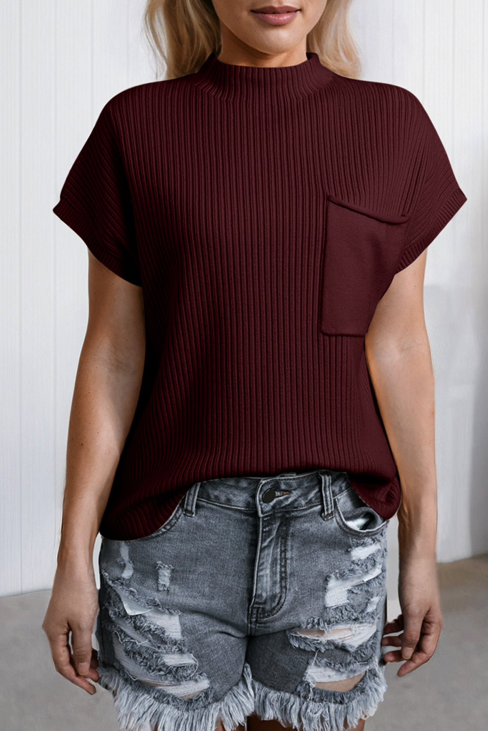 Soft Ribbed Knit Short Sleeve Sweater
