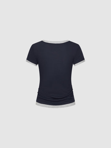 Urban Revivo Contrast Trim Scoop Neck Ruched T-Shirts