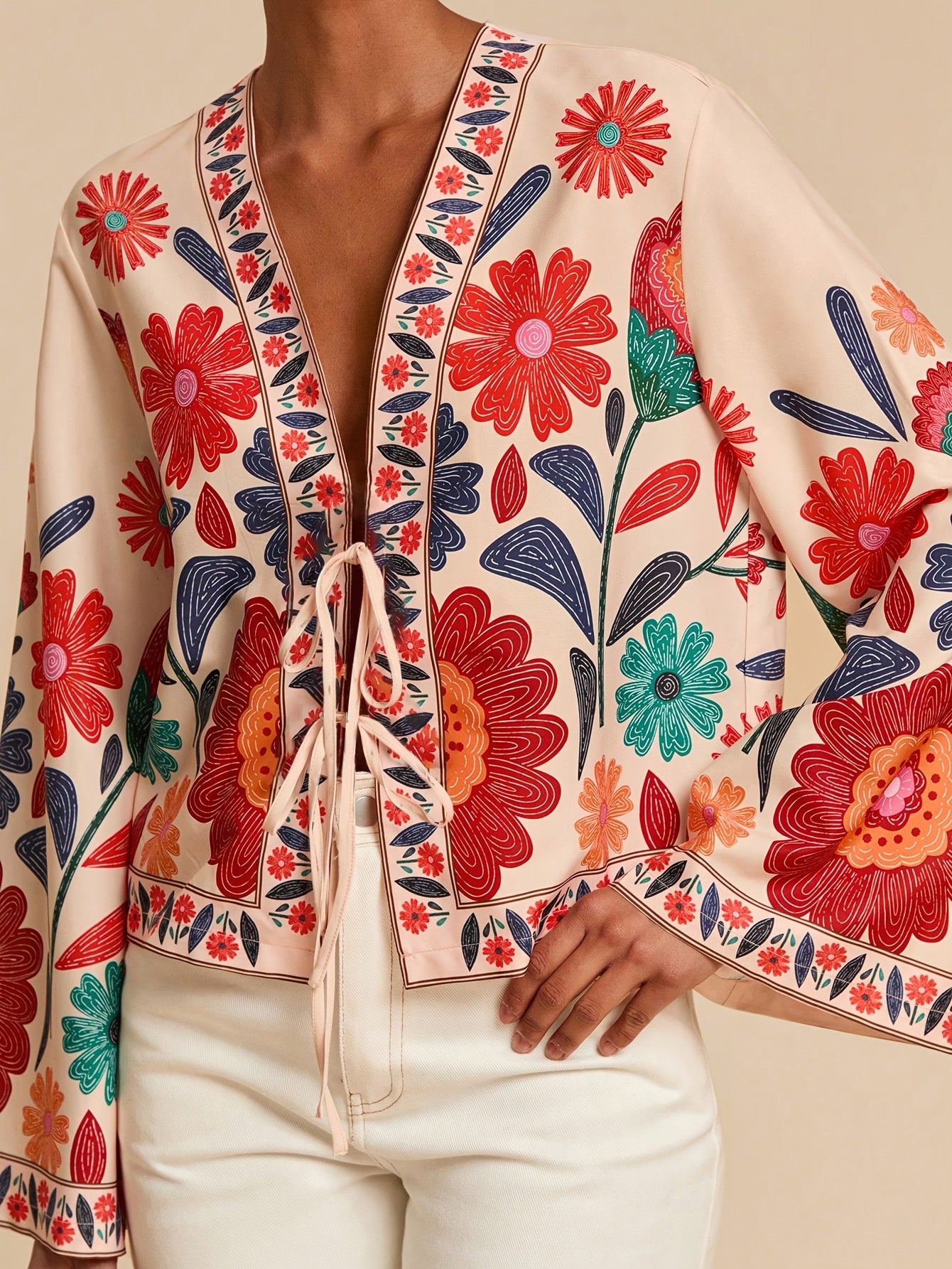 Boho Floral Embroidered Tie Front Shirt