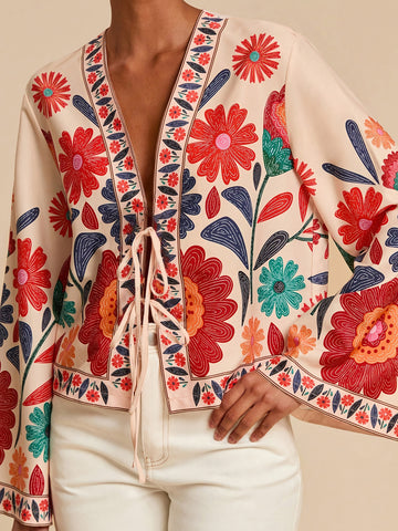 Boho Floral Embroidered Tie Front Shirt