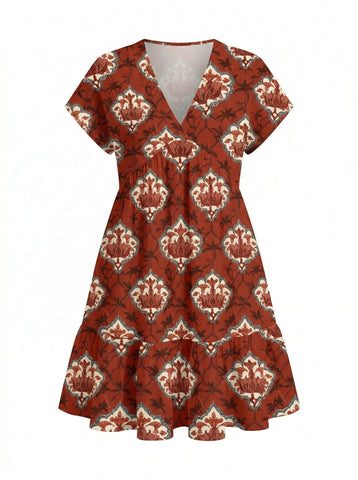 Floral Print V Neck Tiered Babydoll Mini Dress
