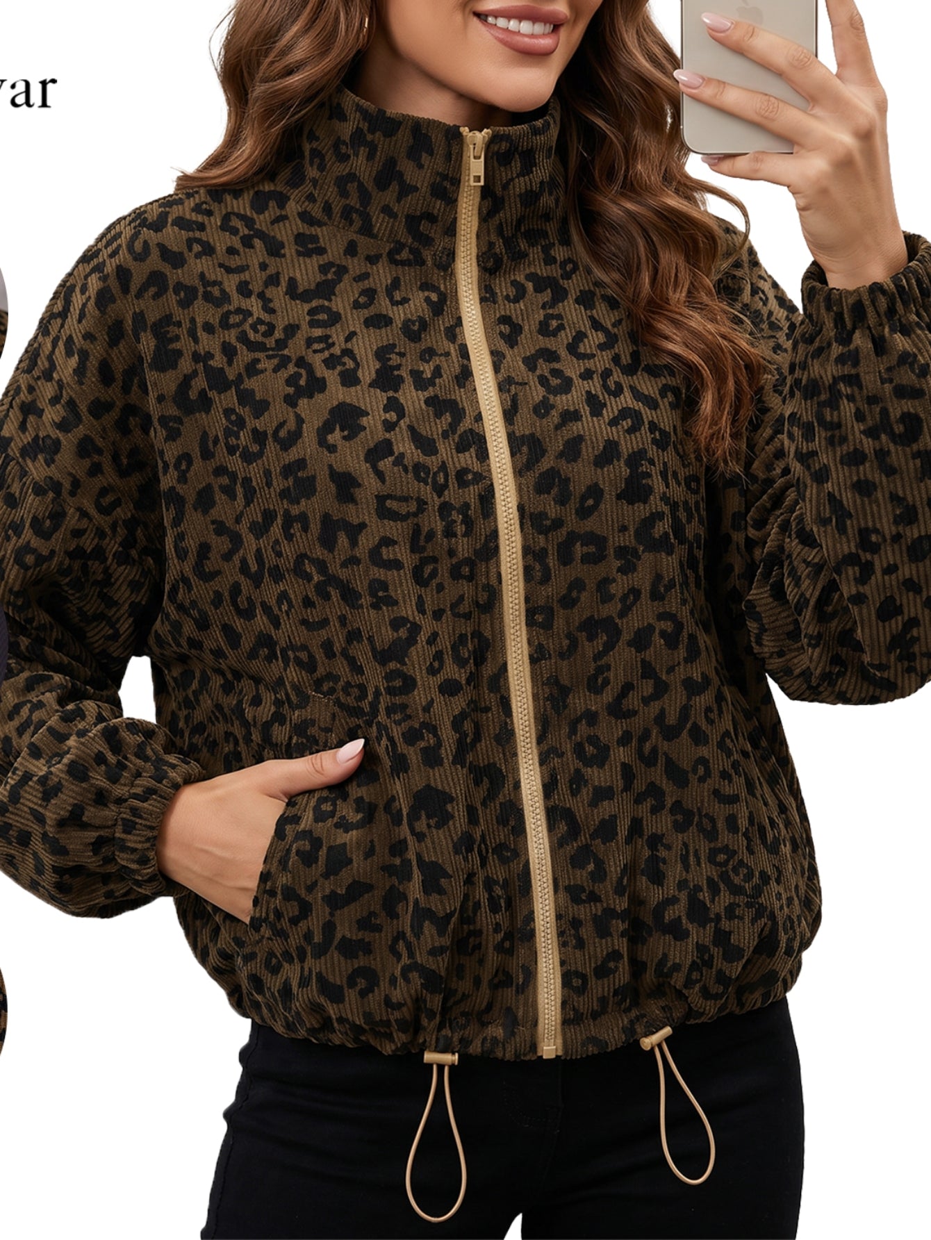 Leopard Print Corduroy Zip Up Jacket