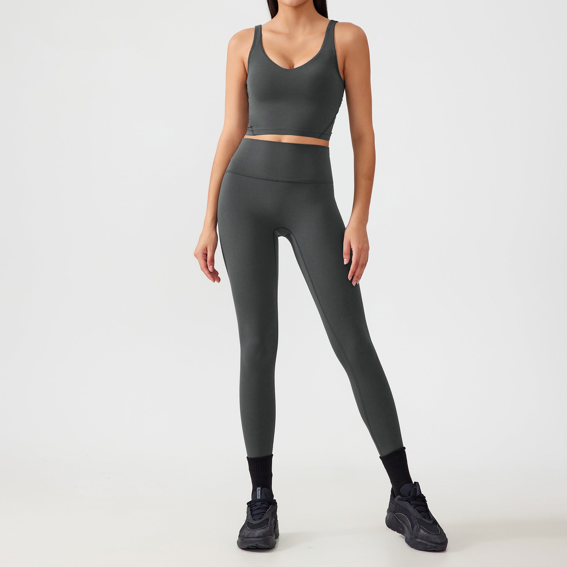 V-Neck Sports Bra High-Waisted Leggings Stylish Set-Multicolor