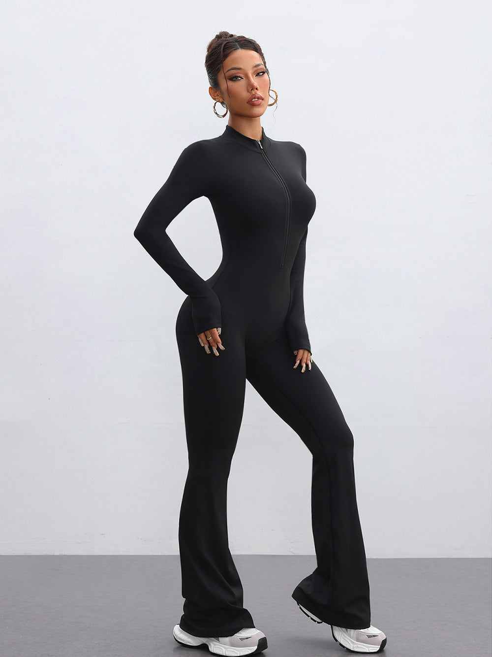 High-Neck Half-Zip Sporty Jumpsuit-Multicolor