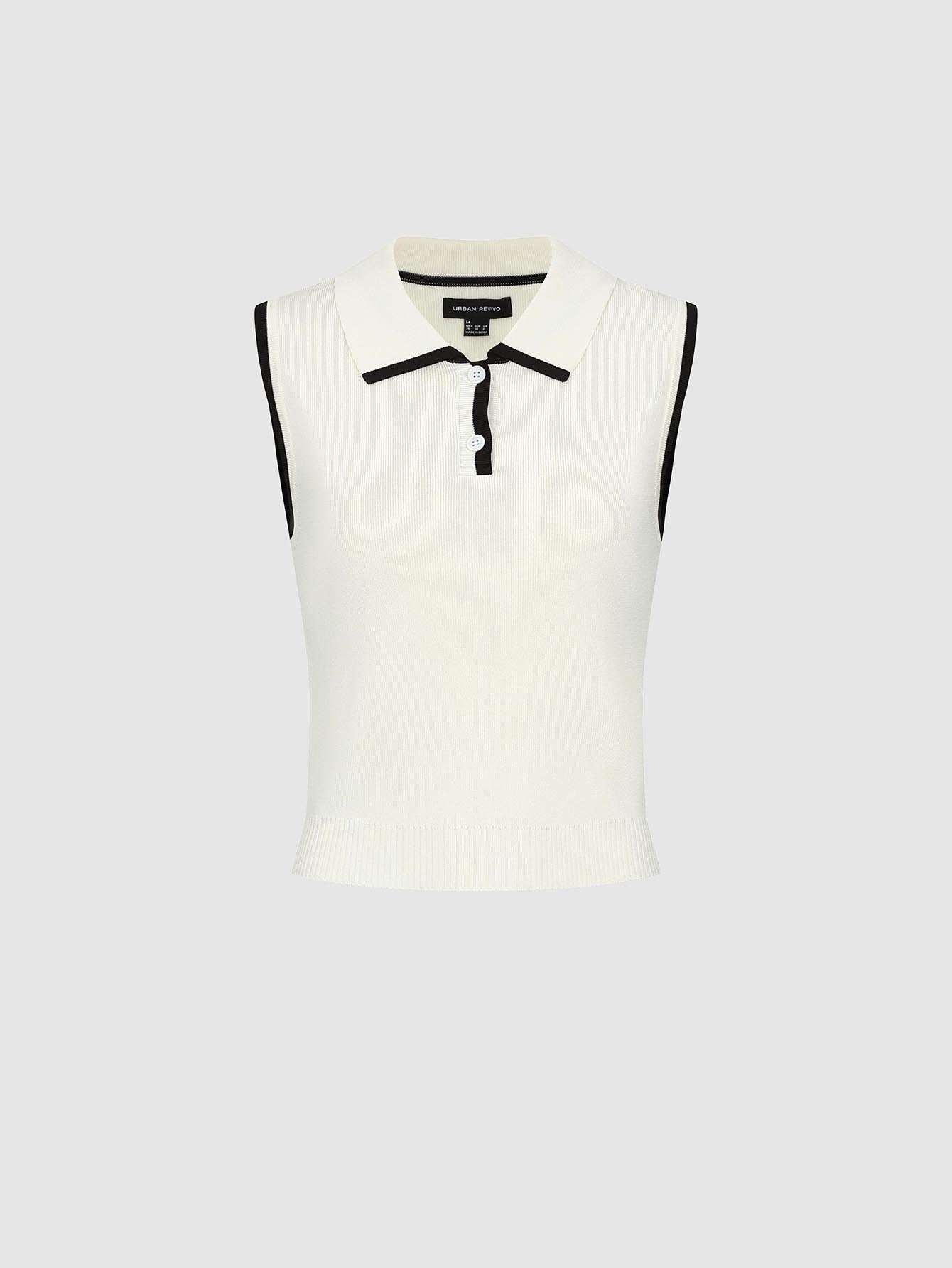 Urban Revivo Polo Neck Contrast Trim Sleeveless Knitted T-Shirts-White