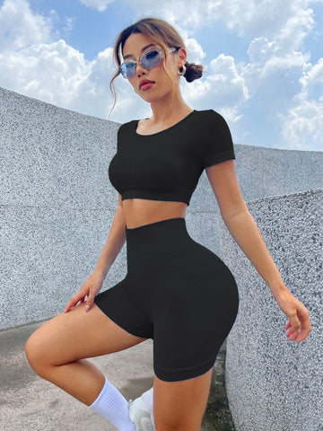 Seamless Ribbed Backless Yoga Set
