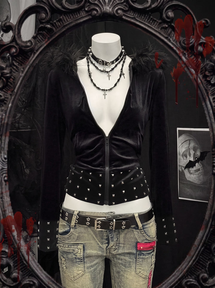 Studded Faux Fur Trim Hoodie