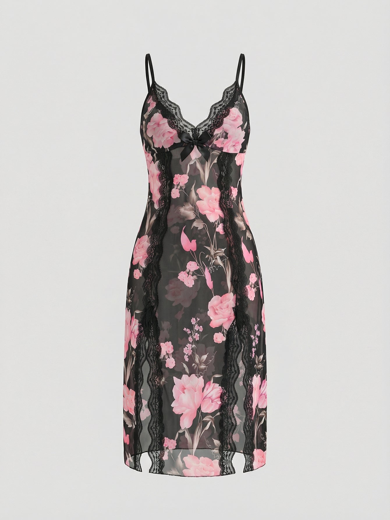 Sheer Floral Lace Trim Romantic Nightgown