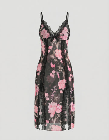 Sheer Floral Lace Trim Romantic Nightgown
