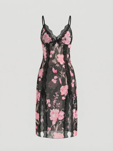 Sheer Floral Lace Trim Romantic Nightgown