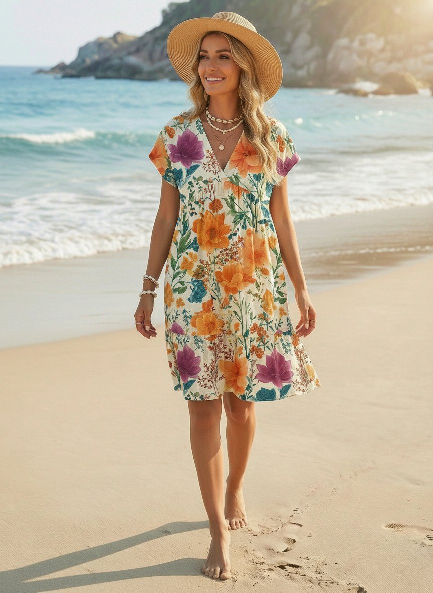 EVA Floral Print V Neck Tiered Babydoll Mini Dress
