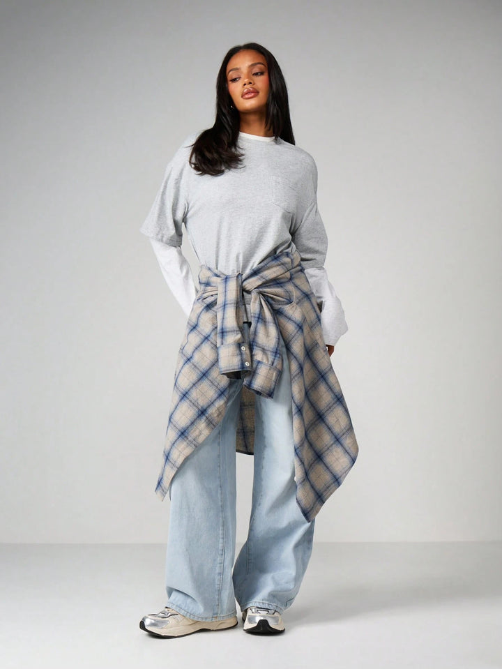 Oversized Layered Pocket Crewneck T Shirt