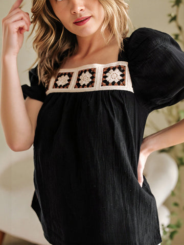 Crochet Trim Square Neck Blouse