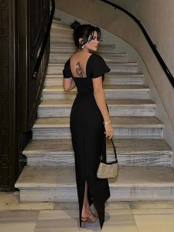 Square Neck Crystal Trim Elegant Maxi Dress