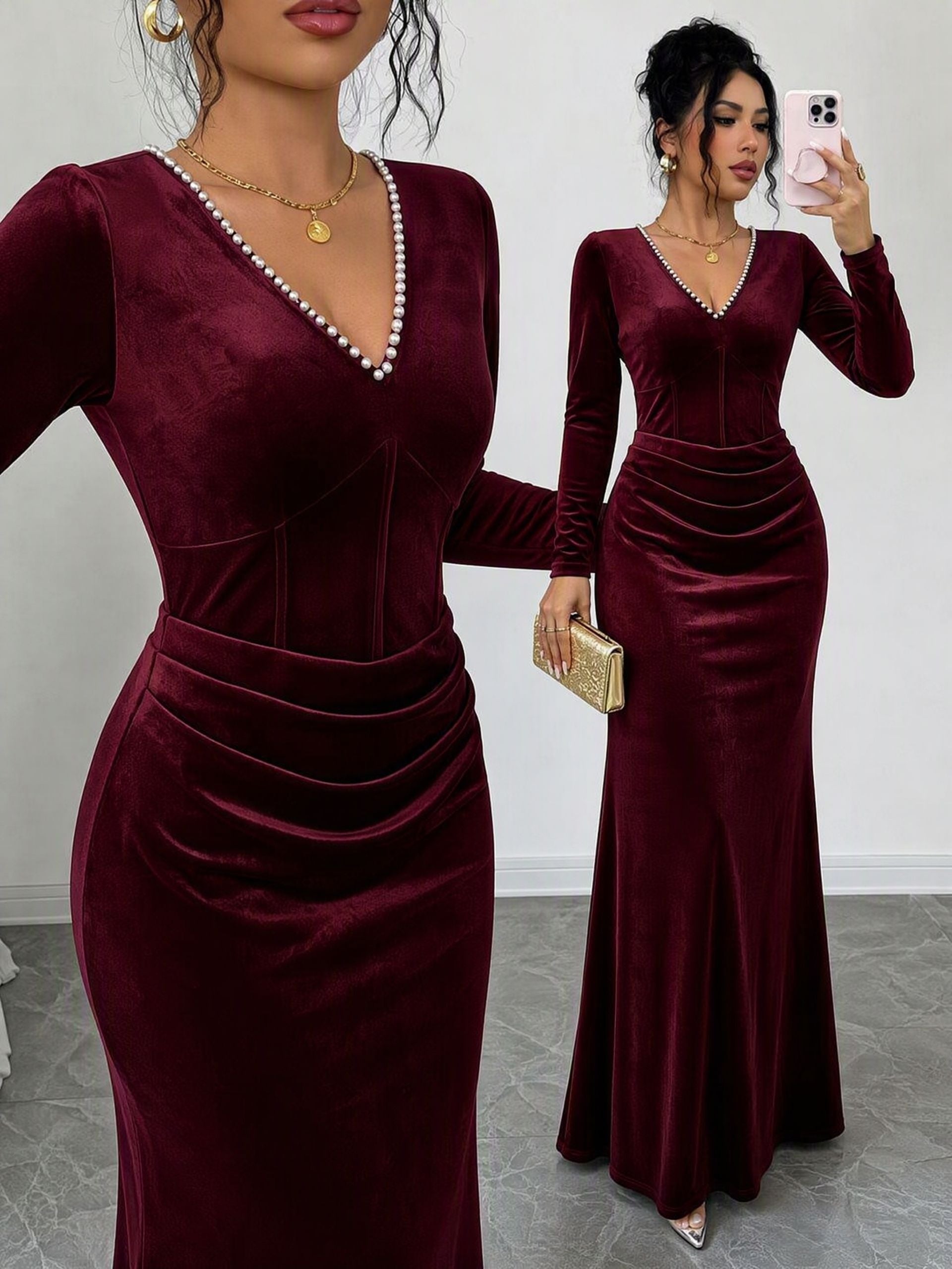 Elegant Pearl Trim Velvet Maxi Dress