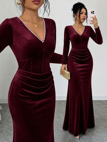 Elegant Pearl Trim Velvet Maxi Dress