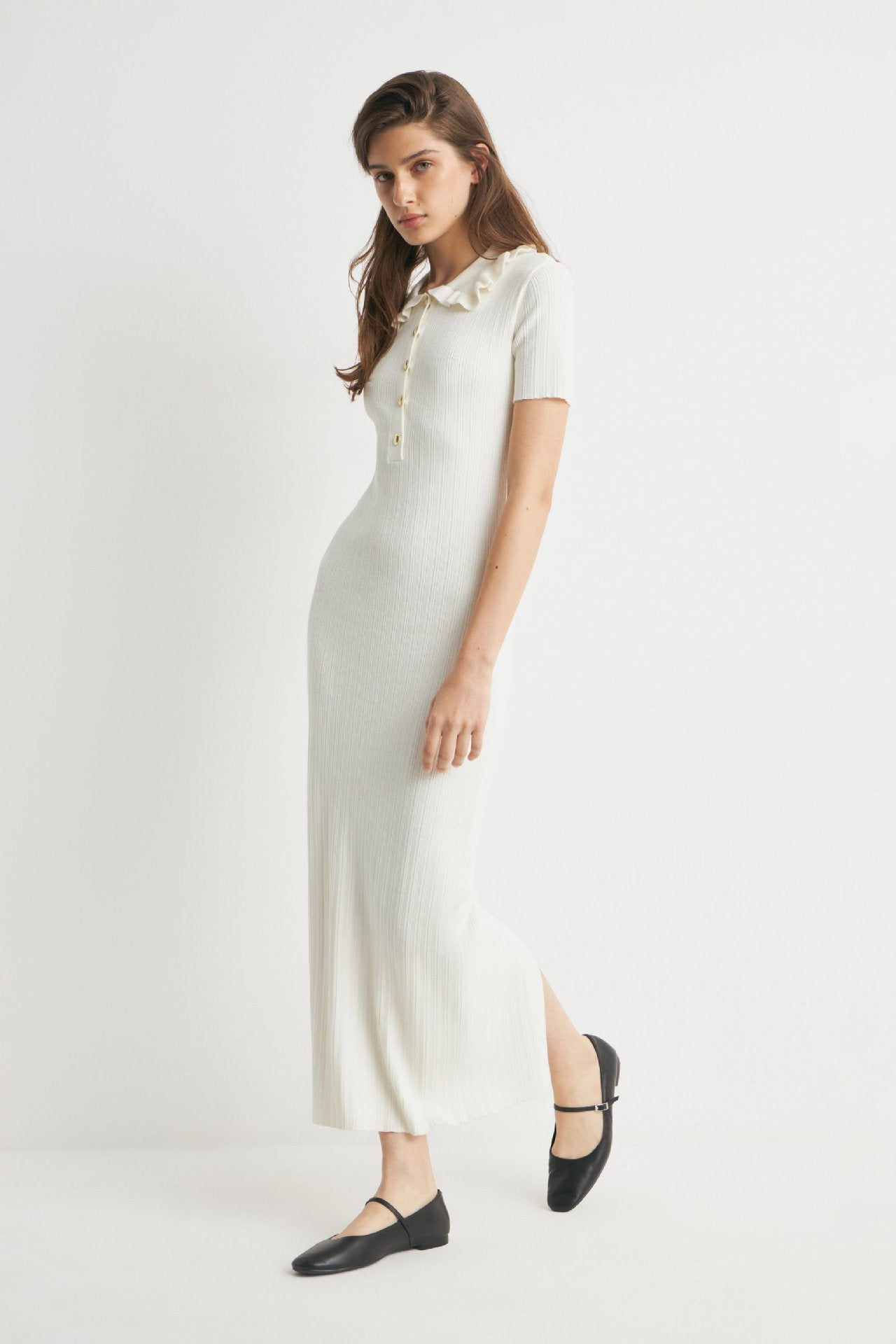 Collared Button-Front Office Lady Midi Dress-Multicolor