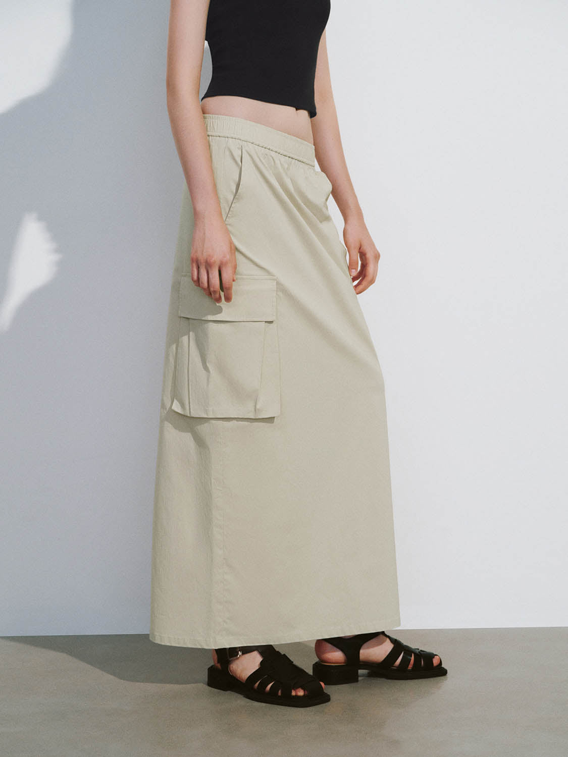 Urban Revivo Drawstring Waist Midi Straight Skirt-Natural