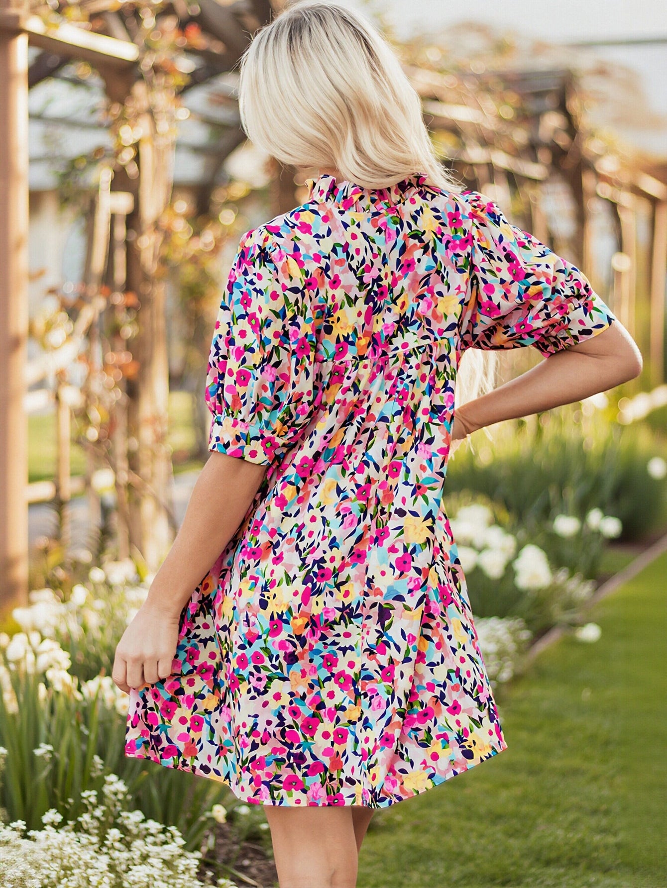 Floral Print V Neck Swing Dress