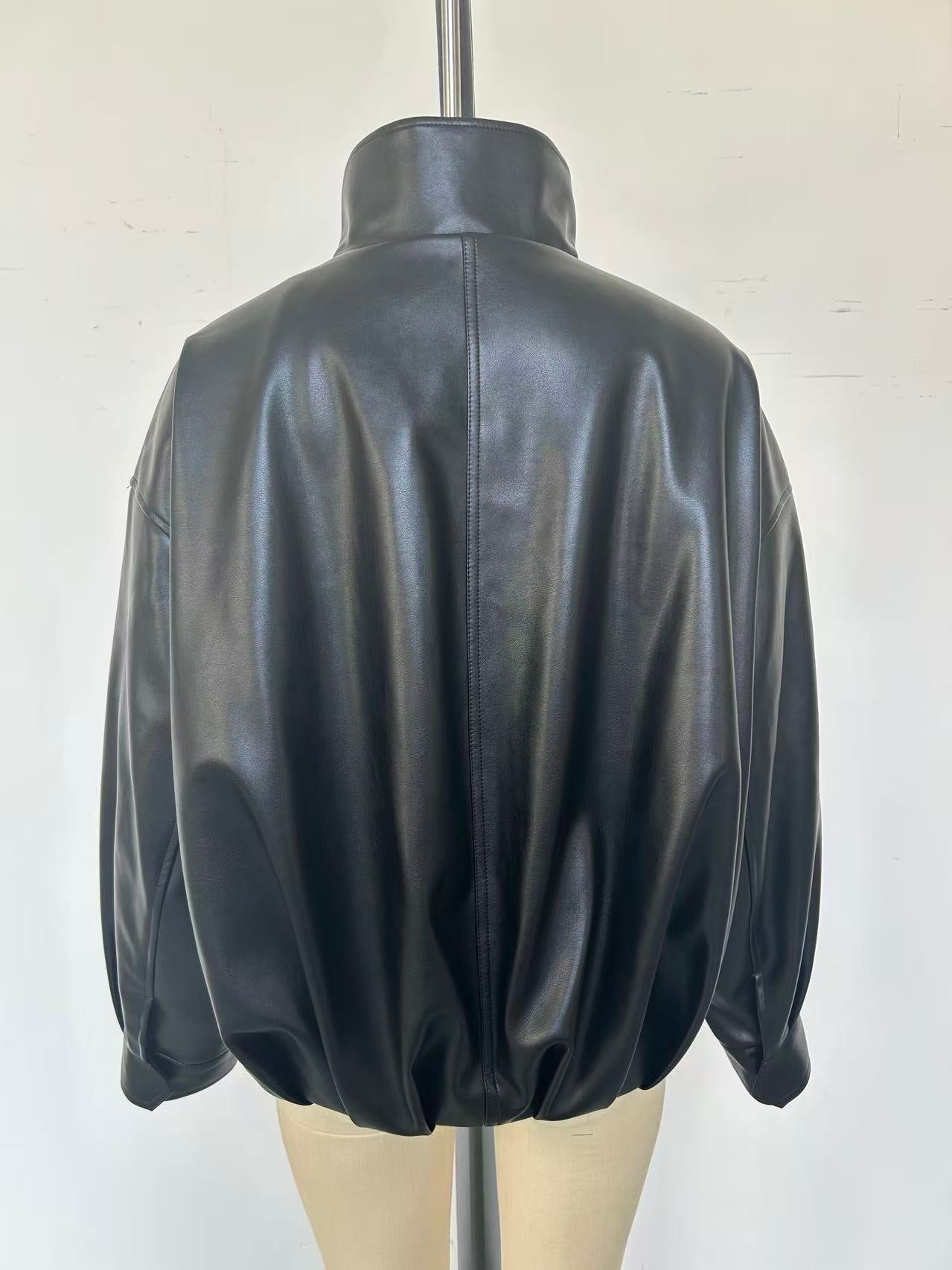 Oversized Stand Collar Faux Leather Jacket