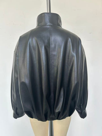 Oversized Stand Collar Faux Leather Jacket