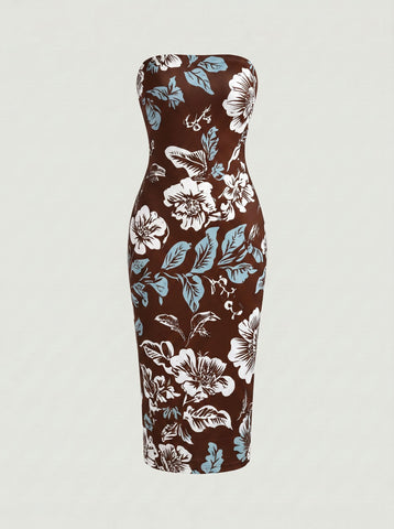 MAIA Floral Print Strapless Sheath Midi Dress
