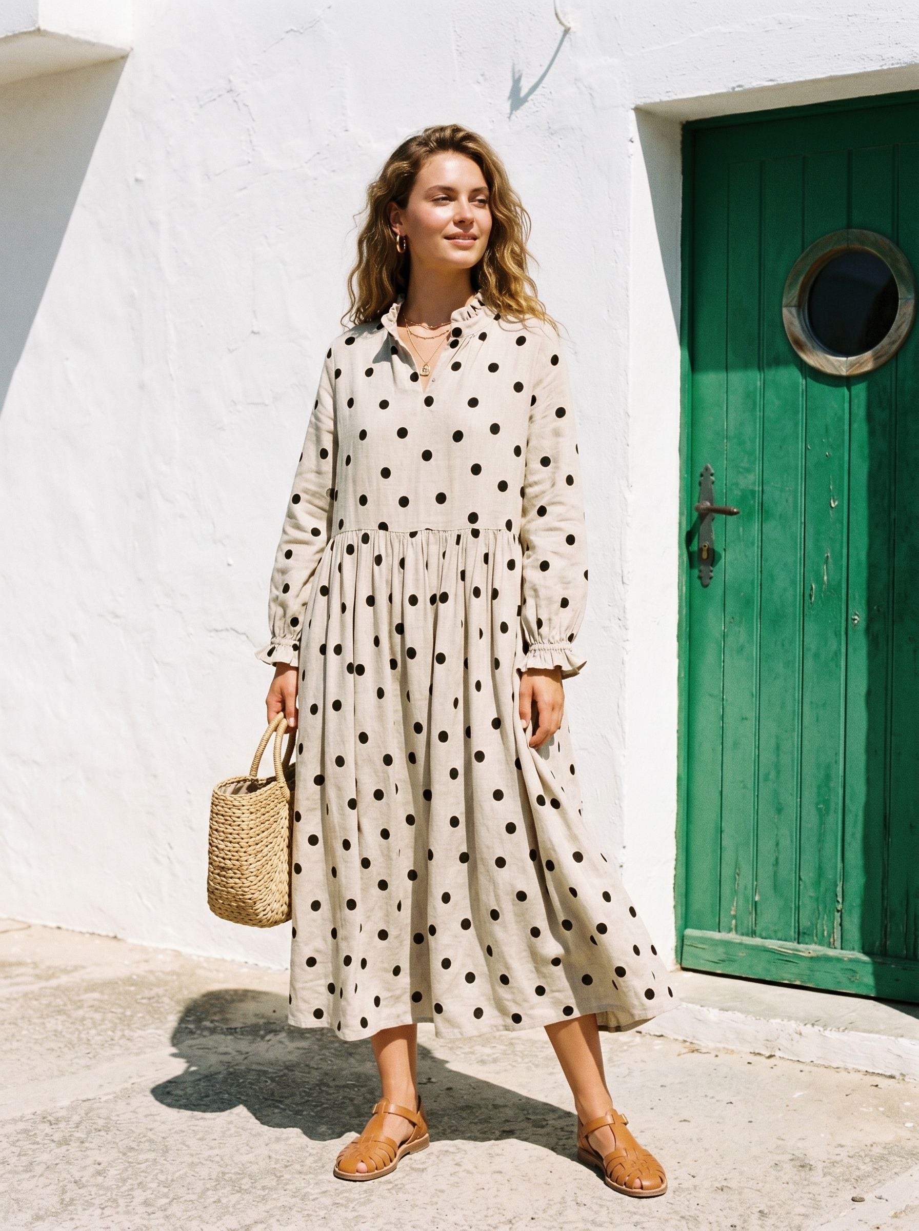 Casual Polka Dot Linen Midi Dress