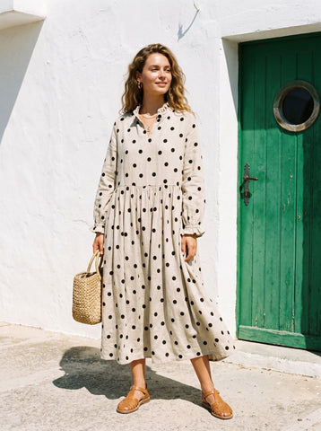 Casual Polka Dot Linen Midi Dress