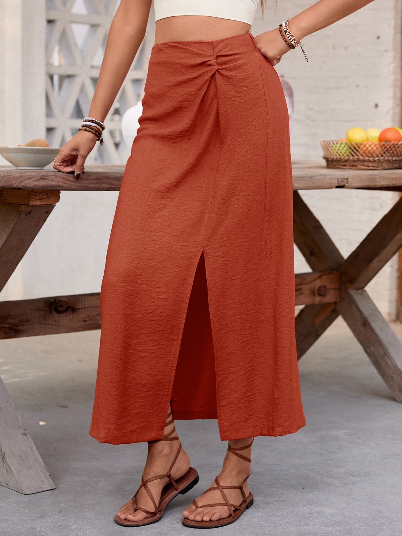 Slit-Hem Twist-Waist Chic Midi Skirt