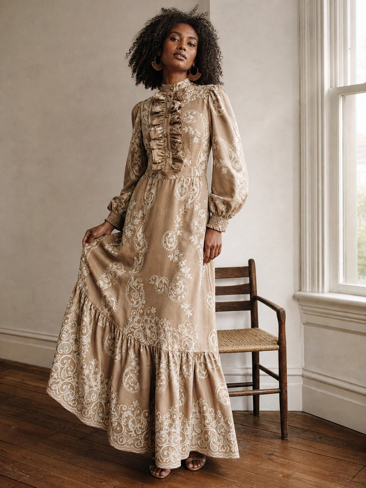 Boho Ruffled Paisley Print Maxi Dress