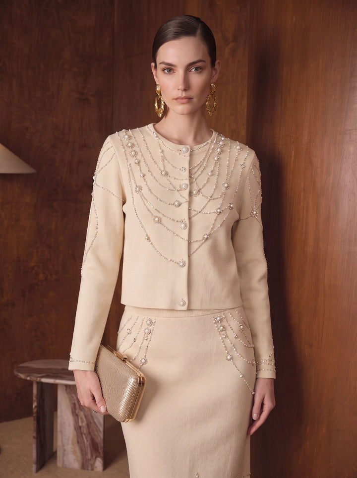 Embellished Rhinestone Pearl Knit Cardigan