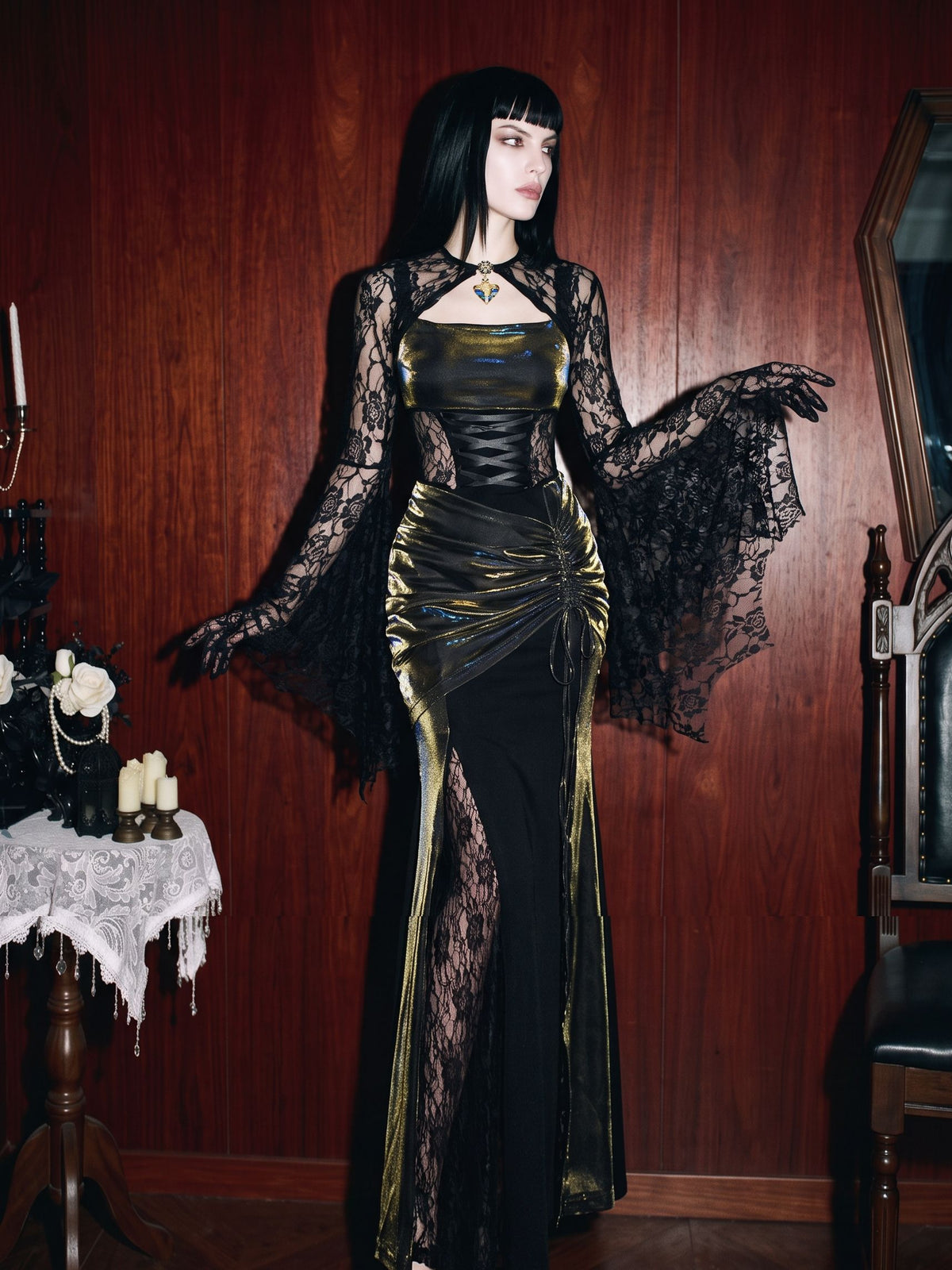 Gothic Lace Metallic Maxi Dress
