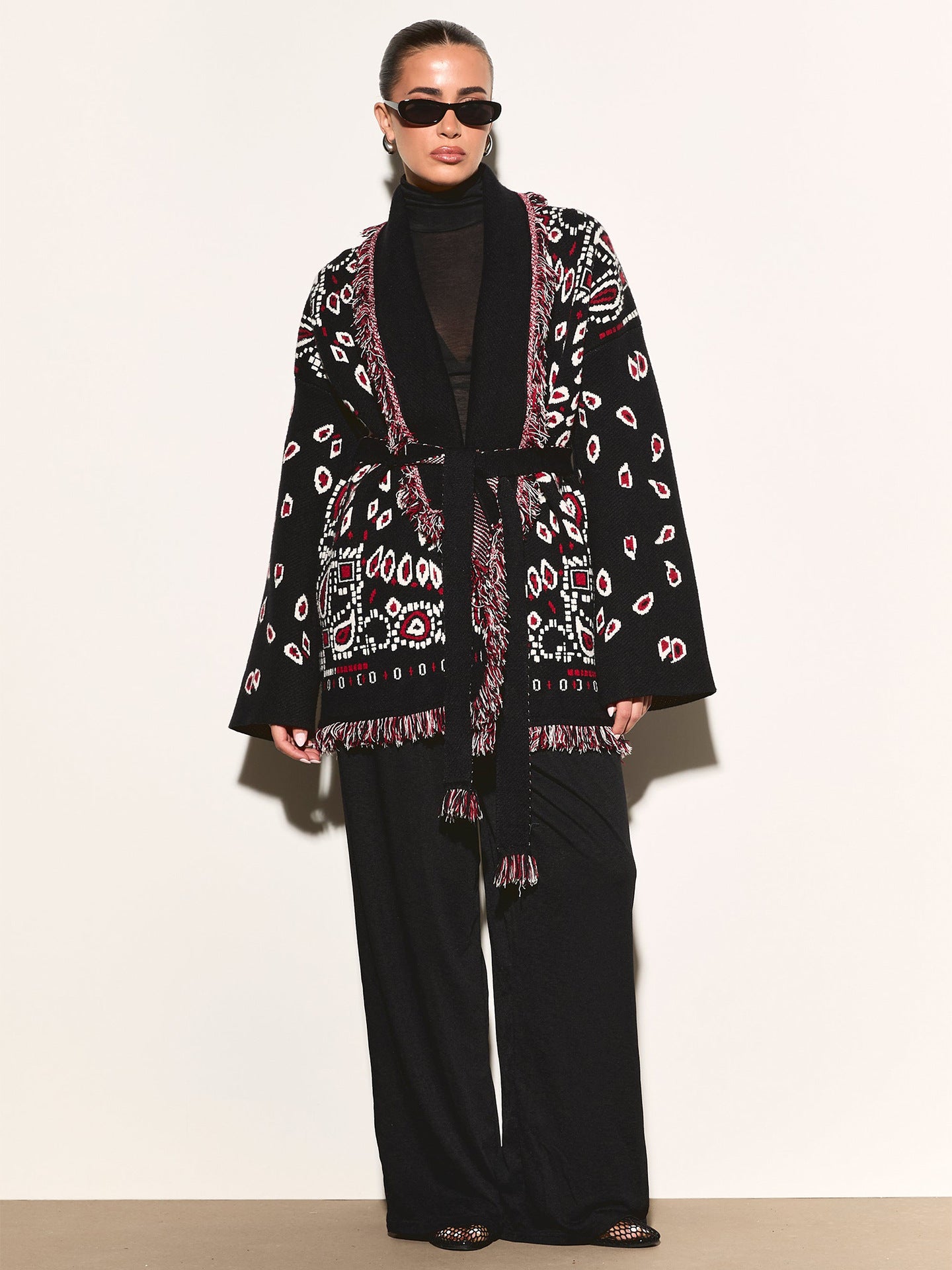 Cozy Star Print Fringe Cardigan