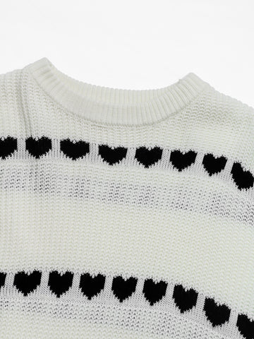 Cute Heart Pattern Ribbed Pullover Sweater