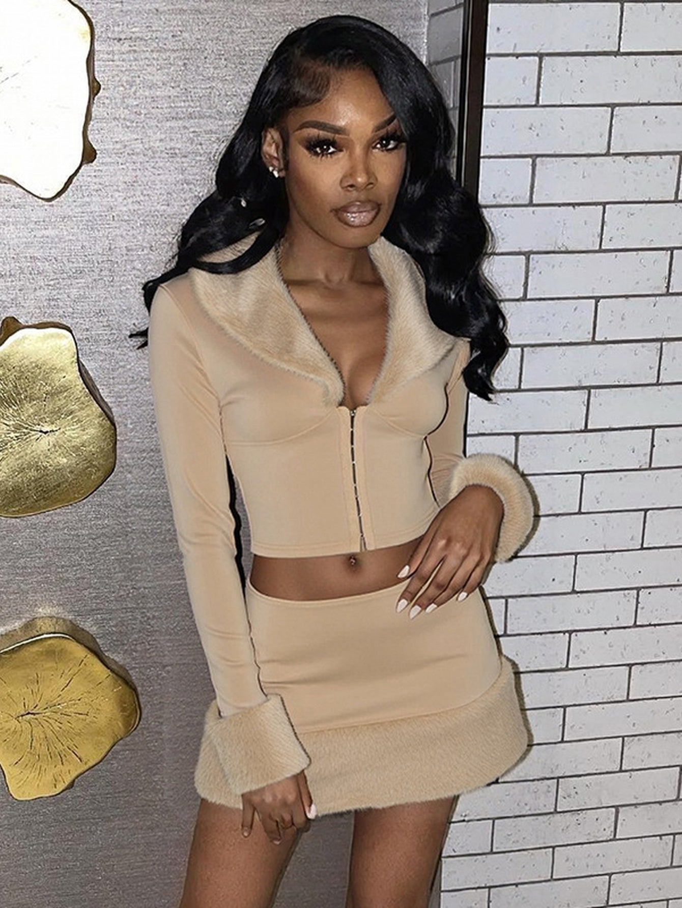 Faux Fur Trim Skirt Set