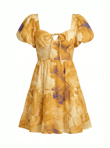 Floral Print Puff Sleeve Tiered Mini Dress