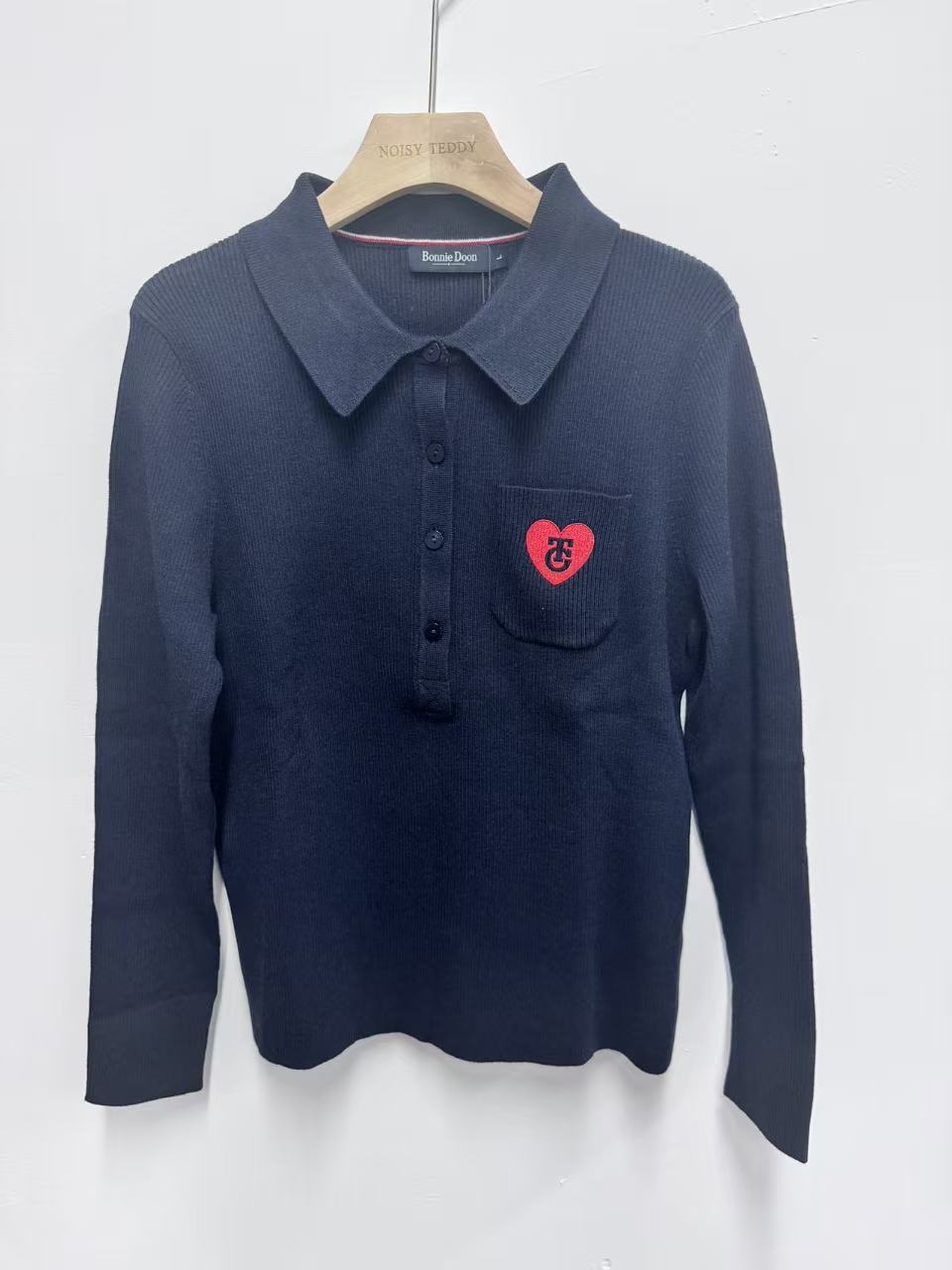 Embroidered Heart Collared Knit Sweater