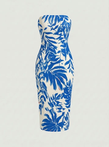 MAIA Floral Print Strapless Sheath Midi Dress