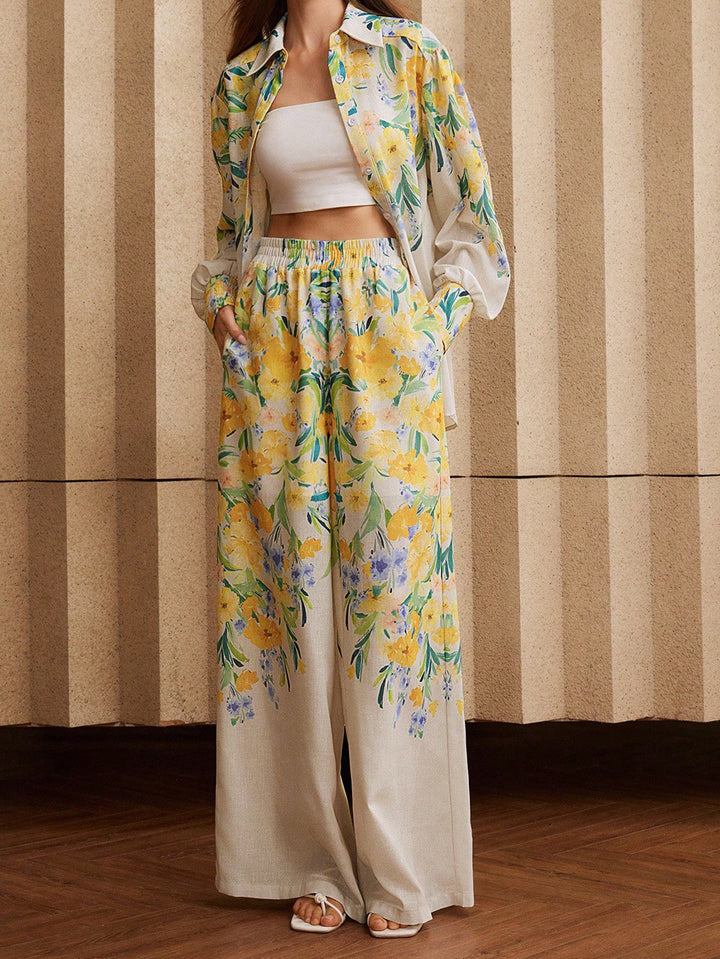 Floral Print Button Down Pants Set
