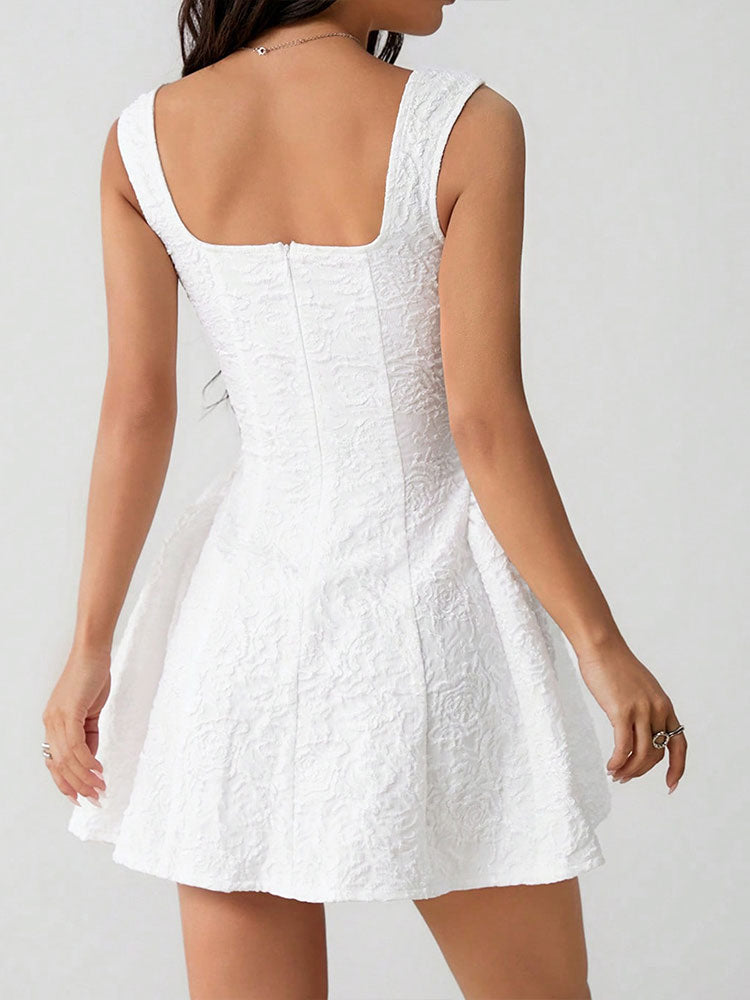 Sleeveless Square Neck Sweet Mini Dress-White