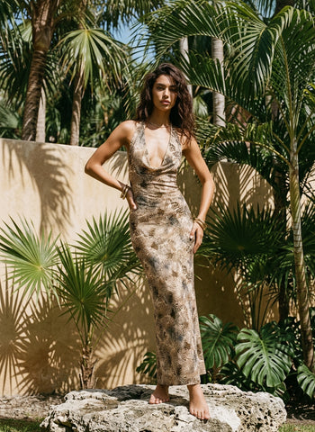 LILA Floral Print Cowl Neck Bodycon Midi Dress