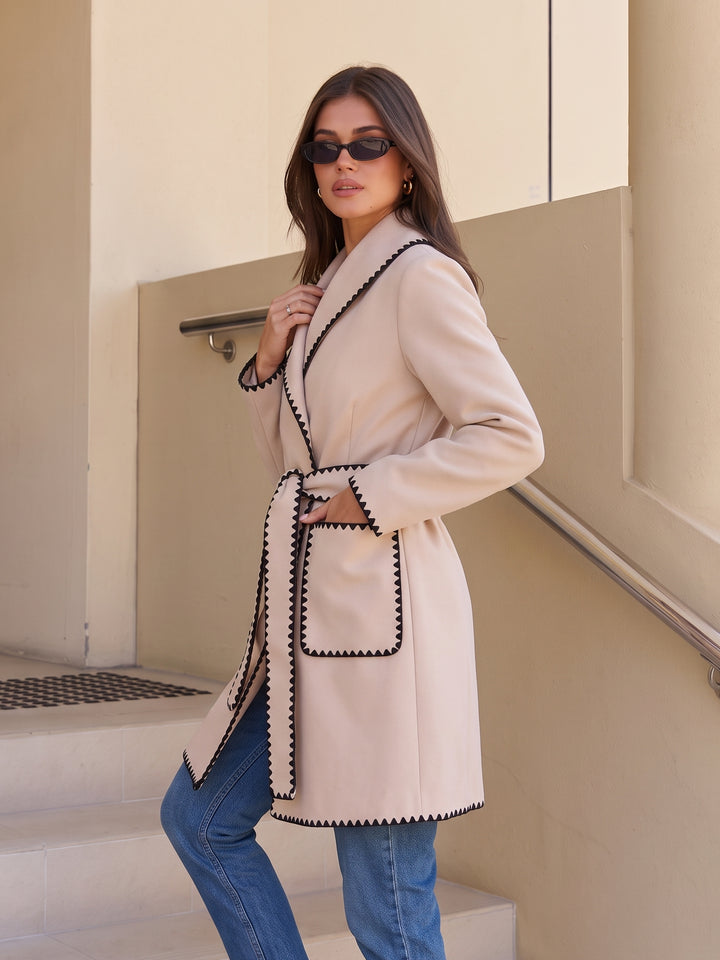 Contrast Trim Belted Wool Coat
