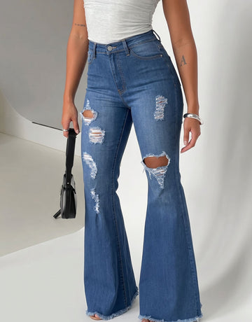 Distressed High Rise Flare Jeans