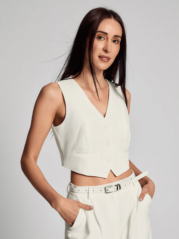 SAÏA V Neck Button Formal Vest-White