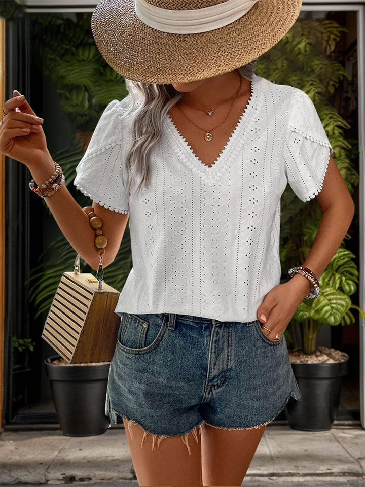 Lace-Trimmed V Neck Classic Blouse