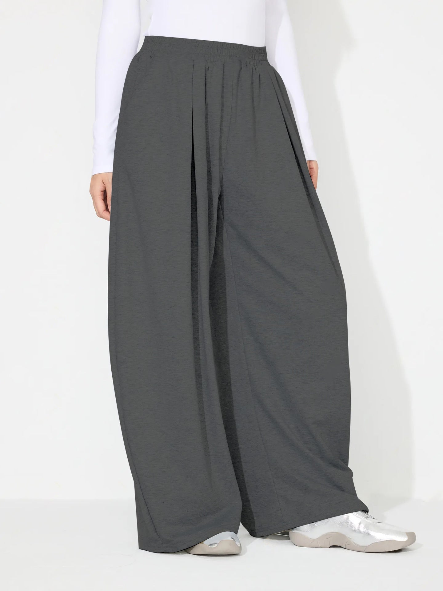 High-Waisted Wide-Leg Draped Casual Pants-Gray