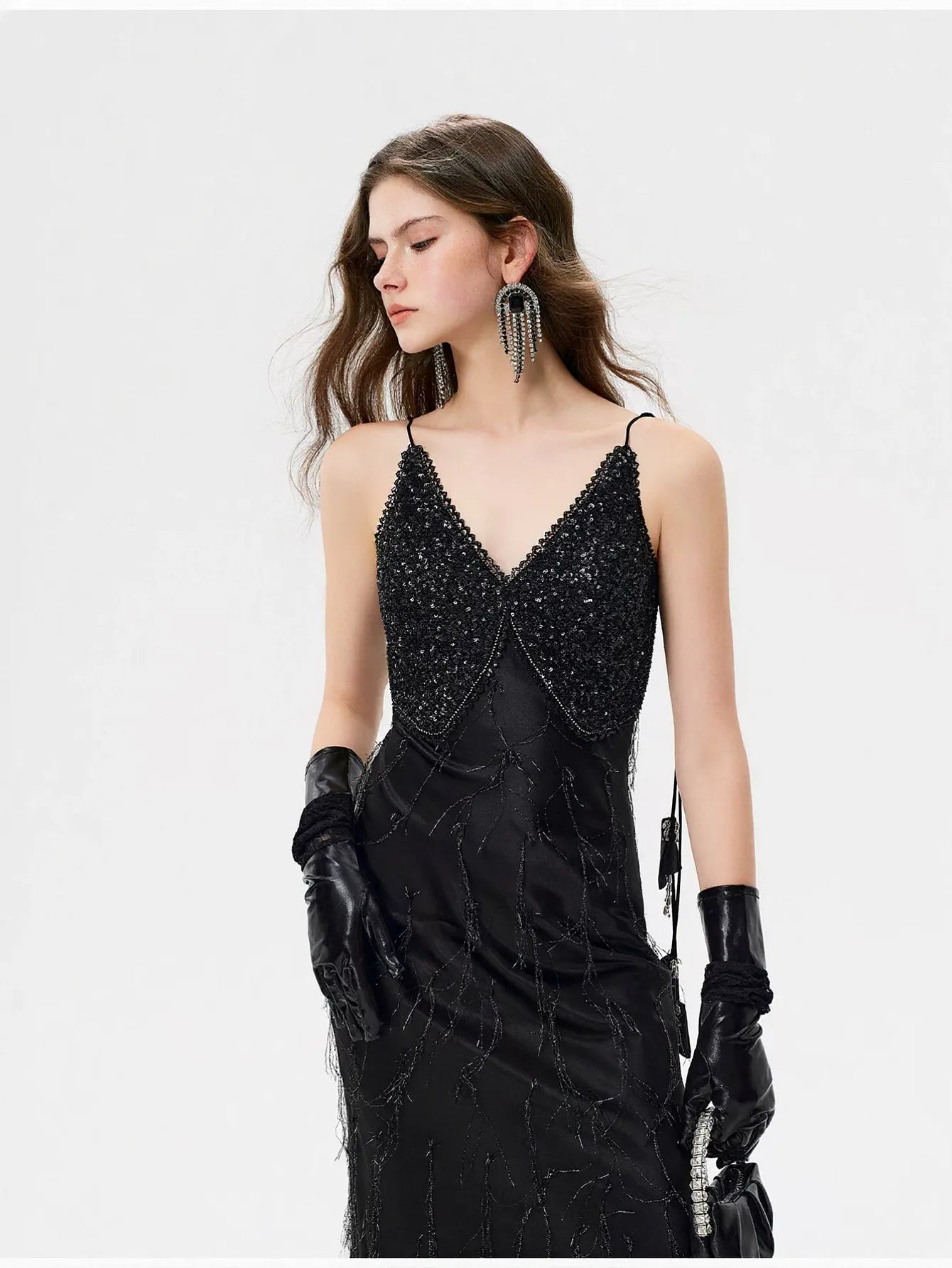 Embellished Satin V Neck Maxi Dress
