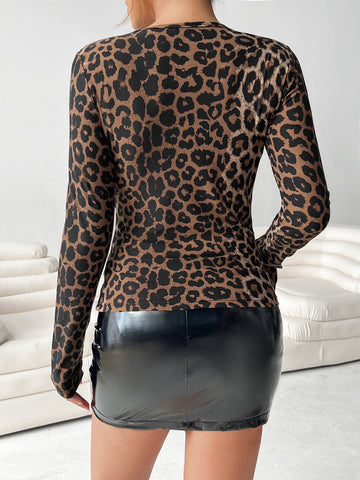 Leopard Print Cutout Long Sleeve Tee
