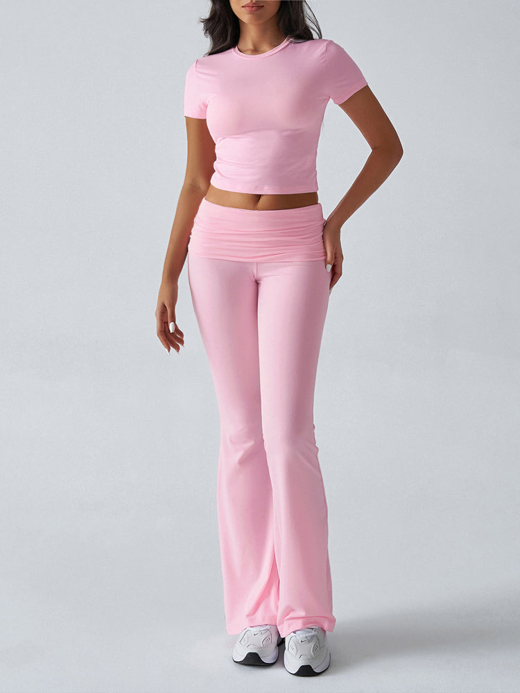 Cropped Crop Top Flare-Leg Pants Feminine Set-Pink